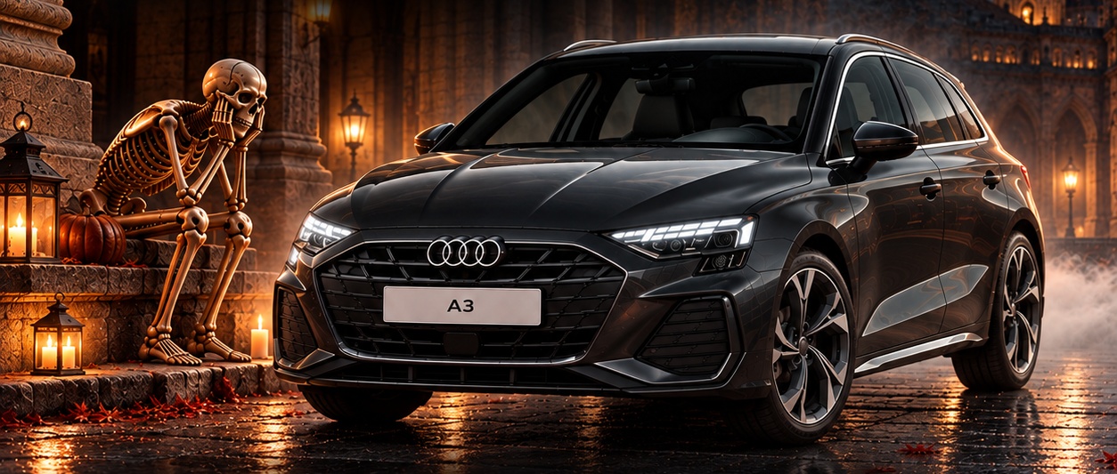 Audi A3 Sportback junto a un esqueleto en la campaña ¿Truco o trato?